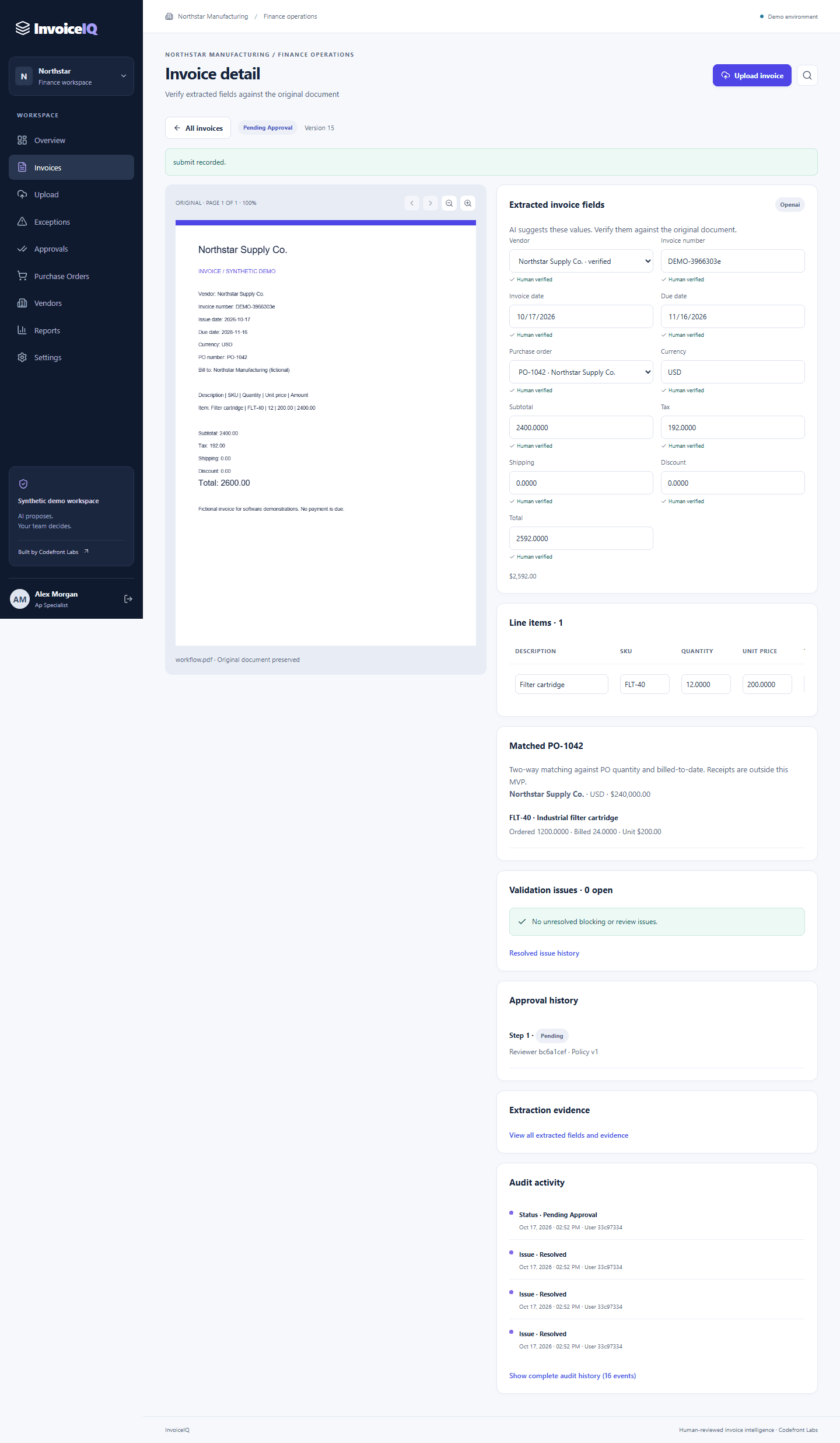 InvoiceIQ working demo with an original invoice beside reviewed fields and purchase-order details